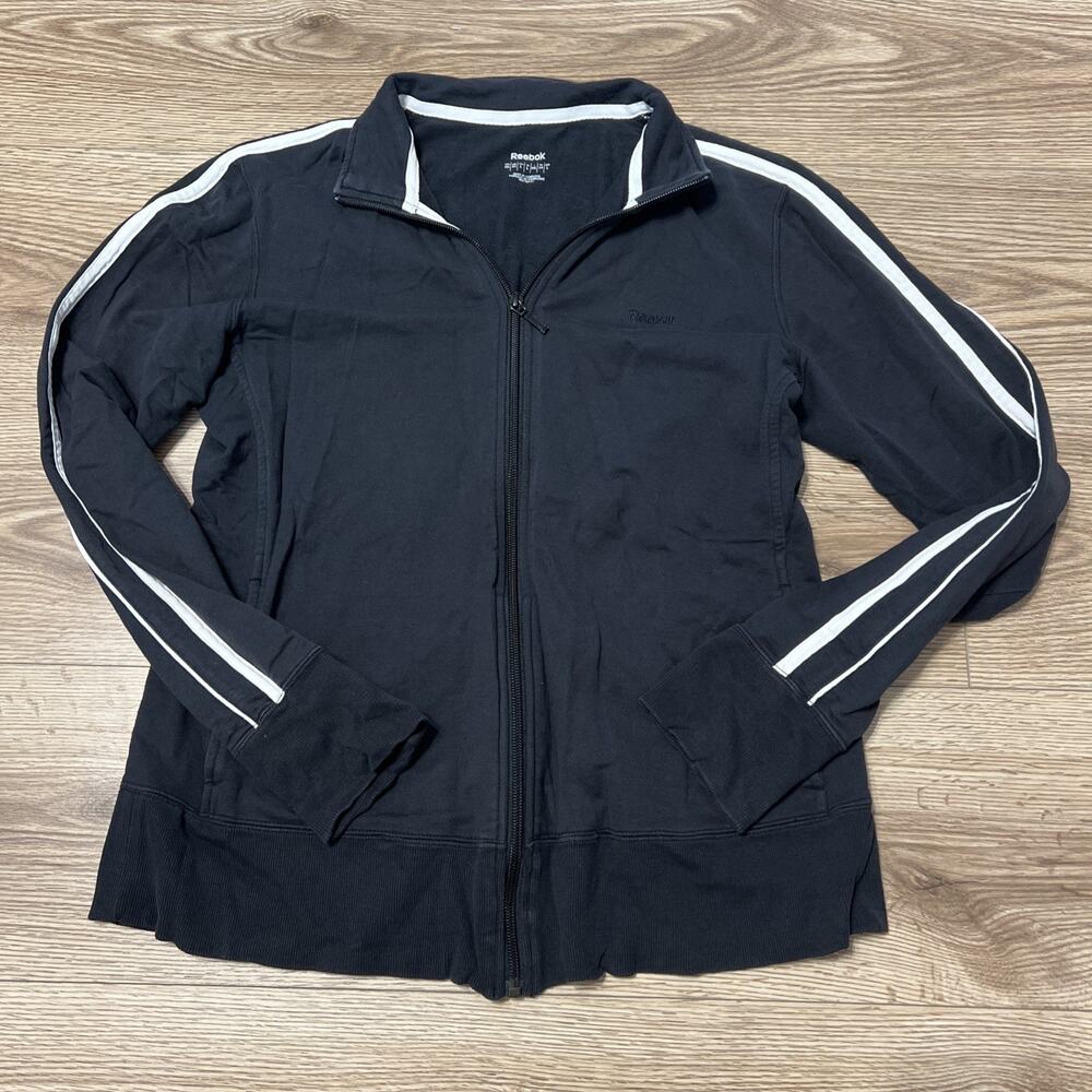 Reebok Women's Black White Mock Neck Full Zip Athletic Jacket Size Large (A46)